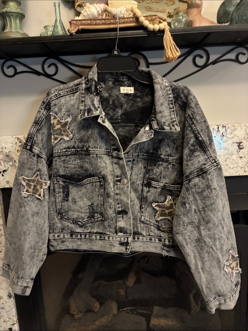 POL  Distressed black denim jacket with leopard star patchwork